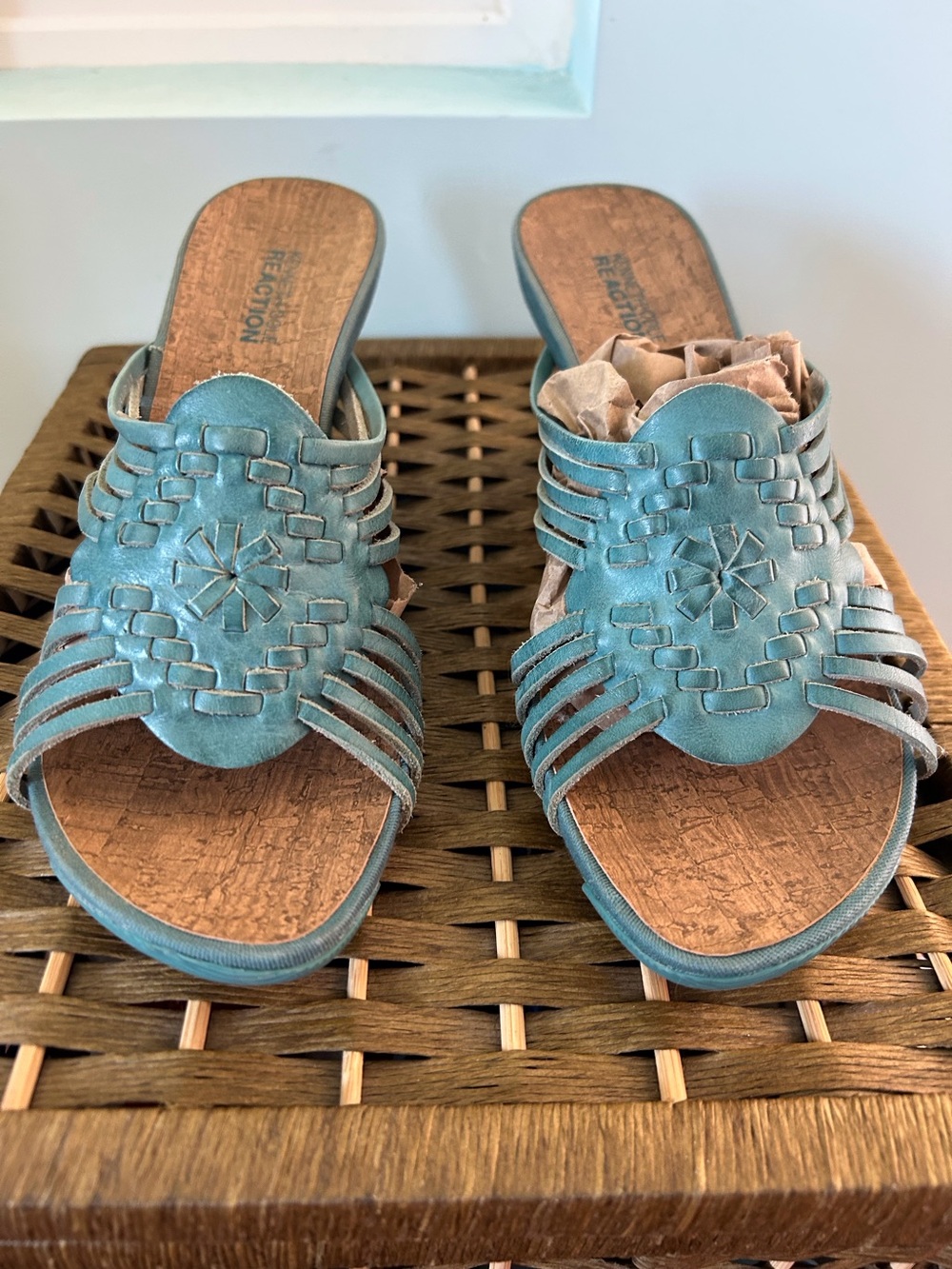 Women’s 8.5 Leather Turquoise Slide Wedge Sandals Woven Detail Huarache Style